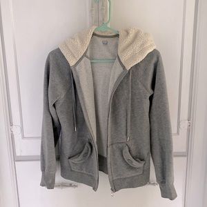 Fleece lined Small hooded gray long sleeved zip up sweatshirt
